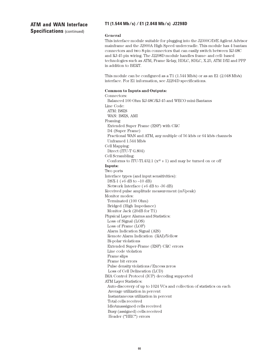 Atm and wan interface specifications | Atec Agilent-J2300E User Manual | Page 66 / 92