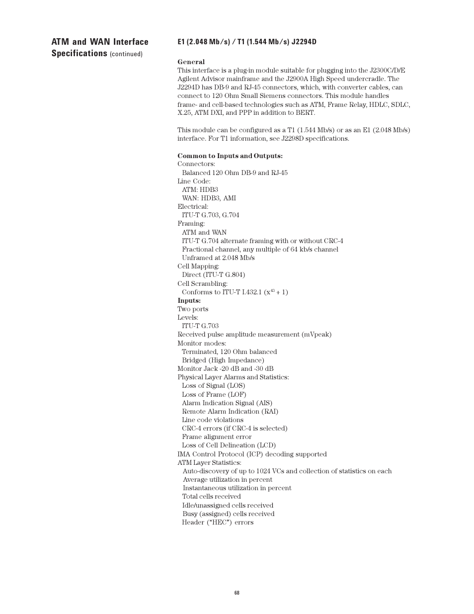 Atm and wan interface specifications | Atec Agilent-J2300E User Manual | Page 68 / 92