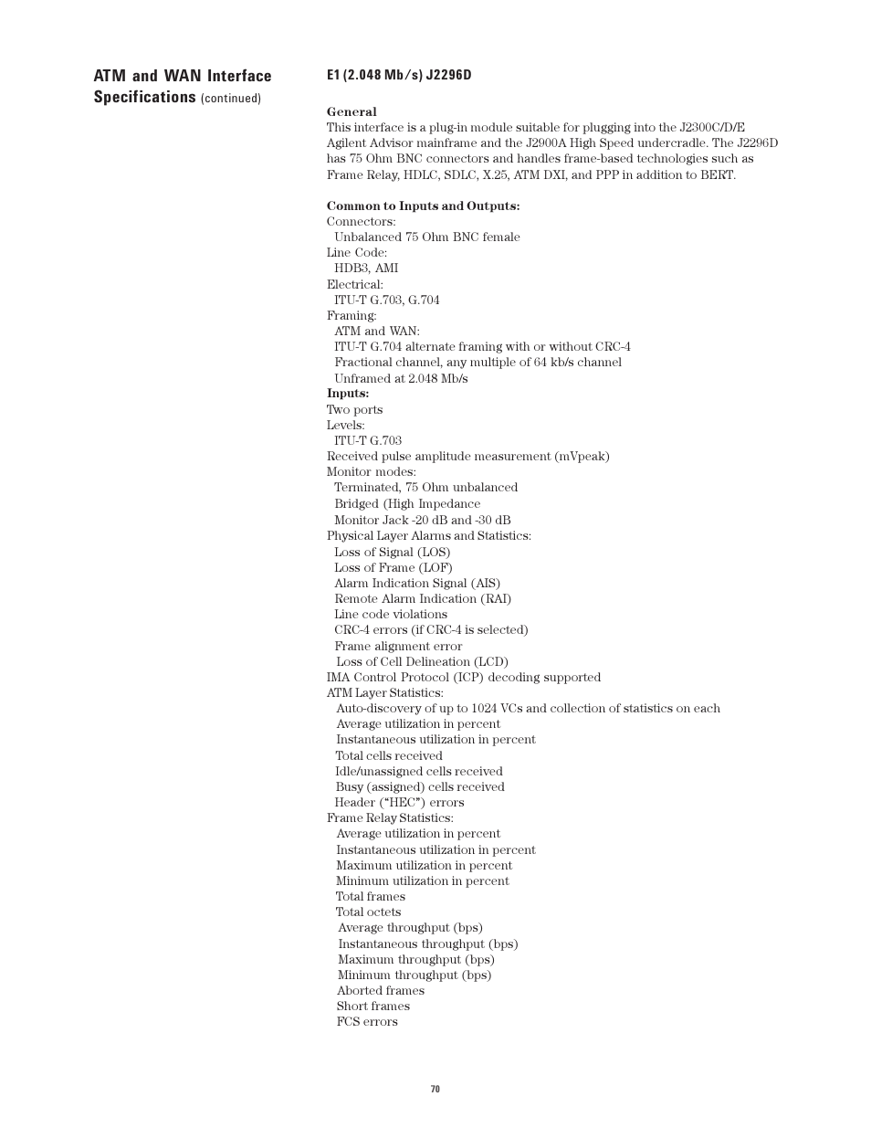 Atm and wan interface specifications | Atec Agilent-J2300E User Manual | Page 70 / 92