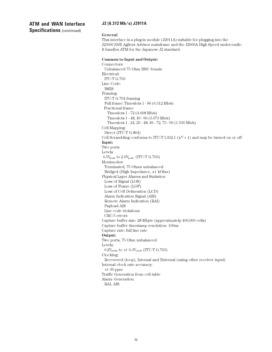 Atm and wan interface specifications | Atec Agilent-J2300E User Manual | Page 72 / 92