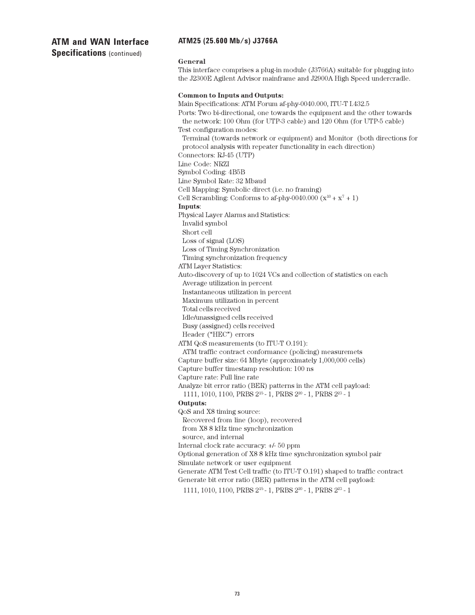 Atm and wan interface specifications | Atec Agilent-J2300E User Manual | Page 73 / 92