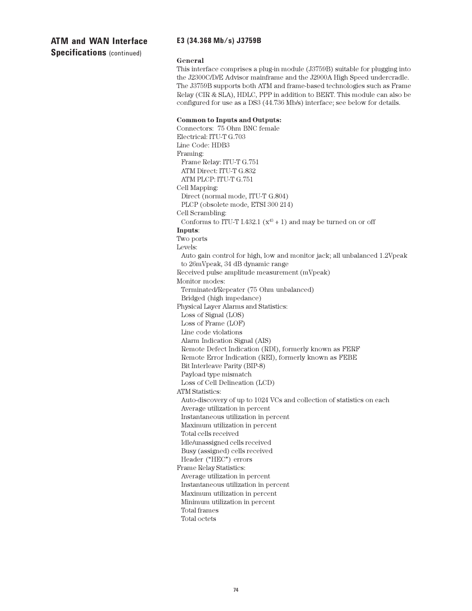 Atm and wan interface specifications | Atec Agilent-J2300E User Manual | Page 74 / 92