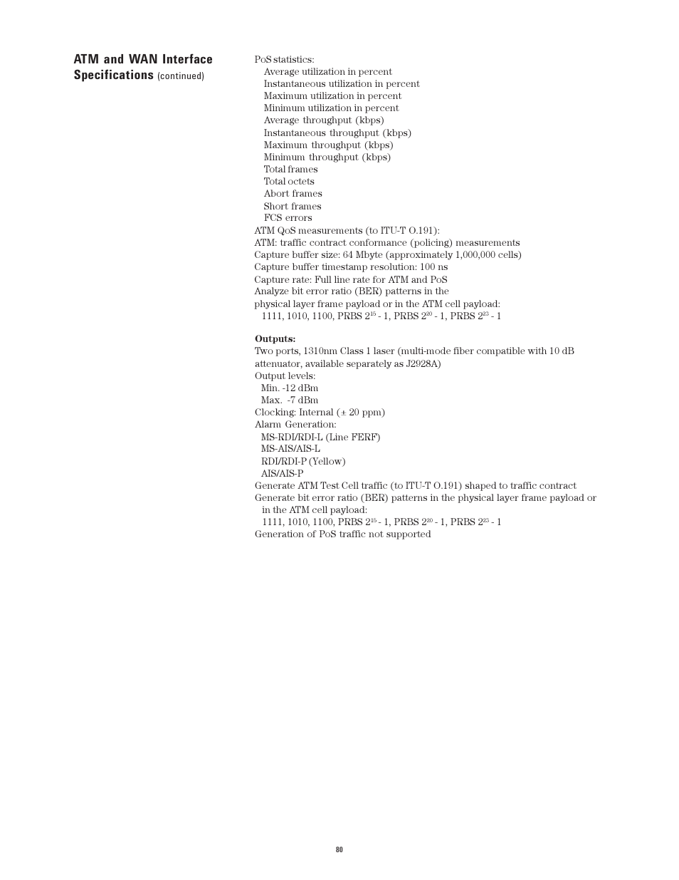 Atm and wan interface specifications | Atec Agilent-J2300E User Manual | Page 80 / 92