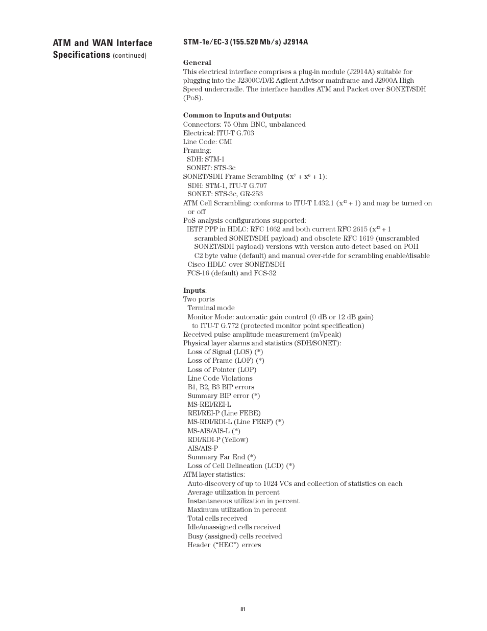 Atm and wan interface specifications | Atec Agilent-J2300E User Manual | Page 81 / 92