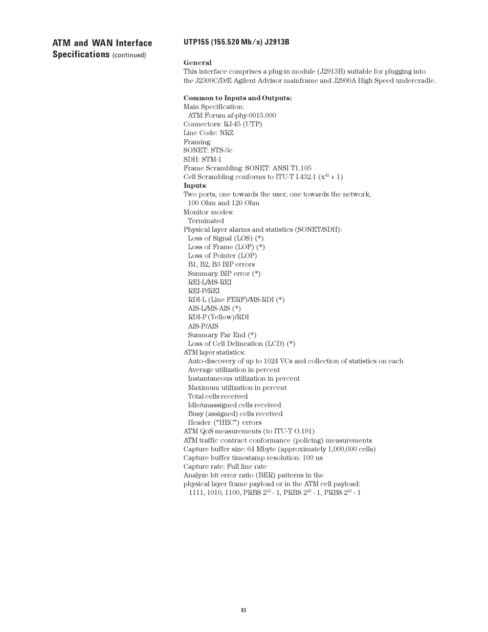 Atm and wan interface specifications | Atec Agilent-J2300E User Manual | Page 83 / 92