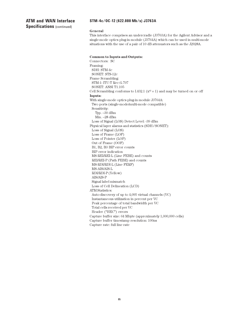 Atm and wan interface specifications | Atec Agilent-J2300E User Manual | Page 85 / 92