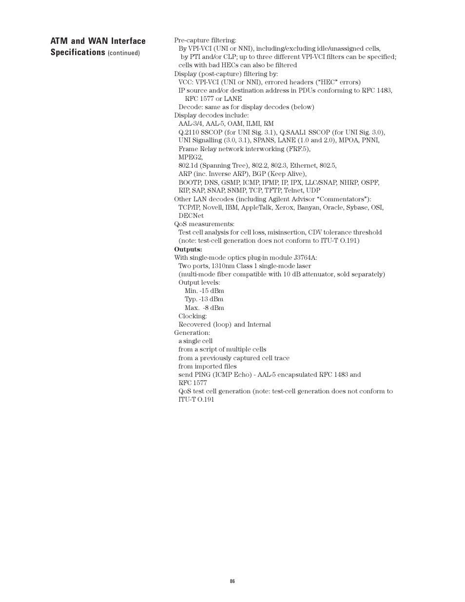 Atm and wan interface specifications | Atec Agilent-J2300E User Manual | Page 86 / 92