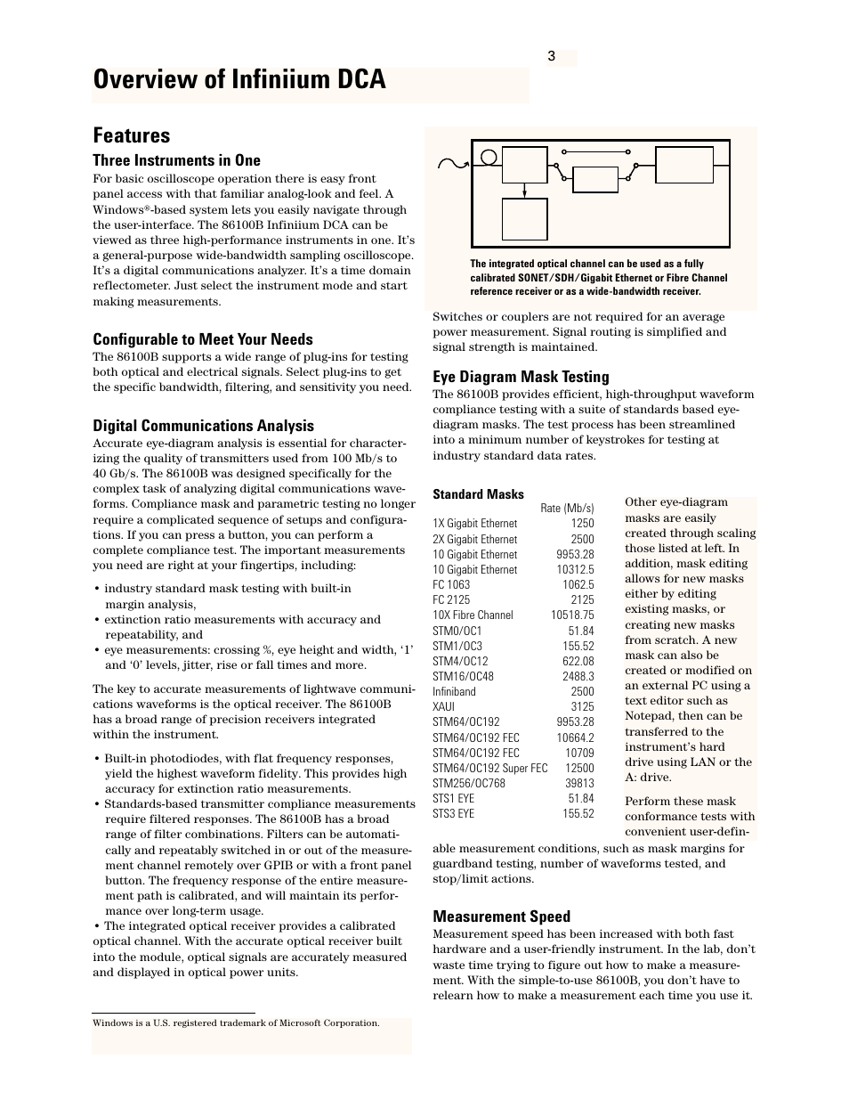 Overview of infiniium dca, Features, Three instruments in one | Configurable to meet your needs, Digital communications analysis, Eye diagram mask testing, Measurement speed | Atec Agilent-83491A-92A User Manual | Page 3 / 22