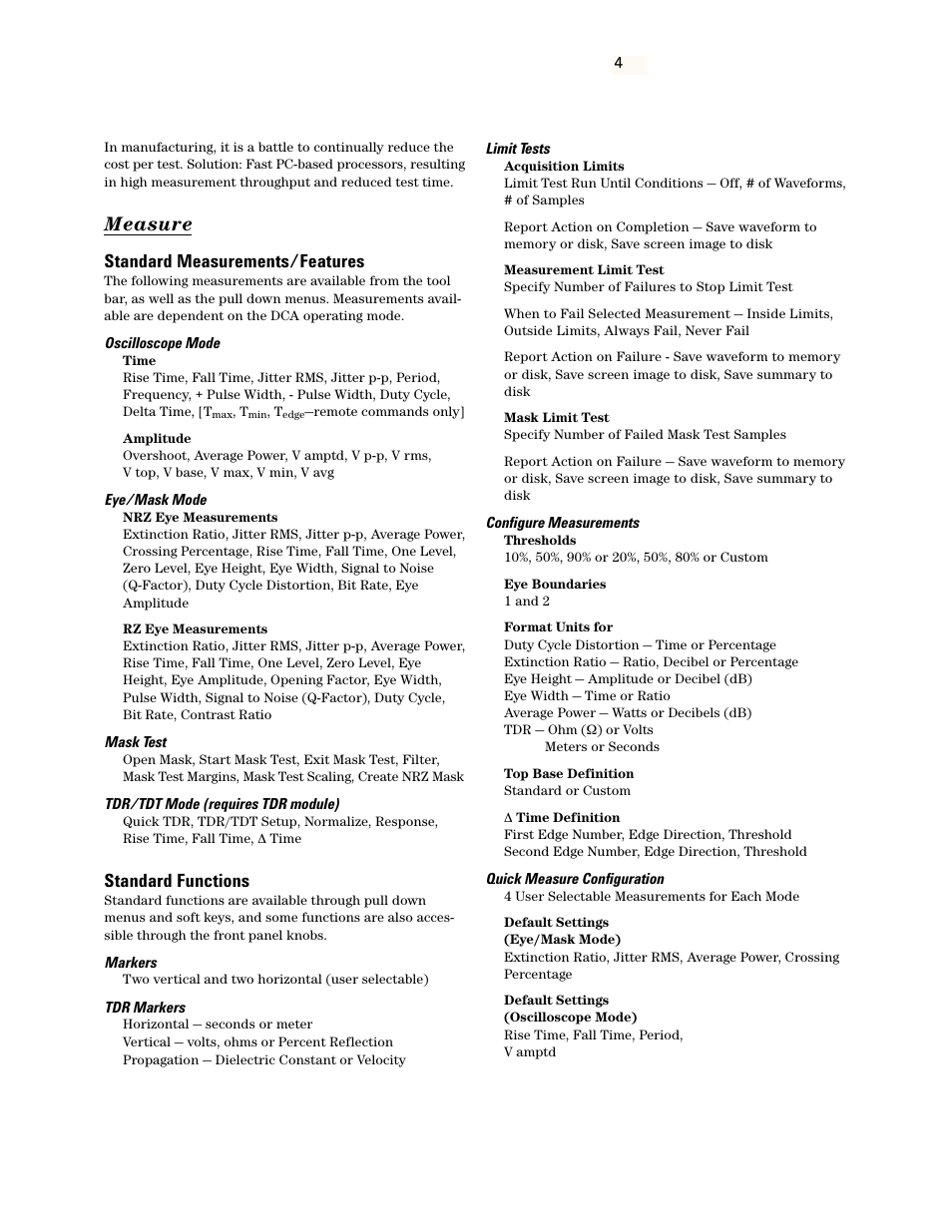 Measure, Standard measurements/features, Standard functions | Atec Agilent-83491A-92A User Manual | Page 4 / 22