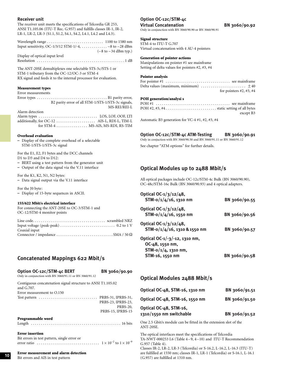 Concatenated mappings 622 mbit/s, Optical modules up to 2488 mbit/s, Optical modules 2488 mbit/s | Atec Acterna-JDSU-ANT-20SE User Manual | Page 10 / 30