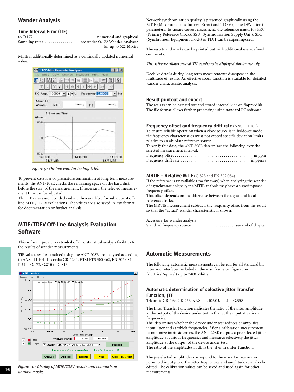 Wander analysis, Mtie/tdev off-line analysis evaluation software, Automatic measurements | Atec Acterna-JDSU-ANT-20SE User Manual | Page 16 / 30