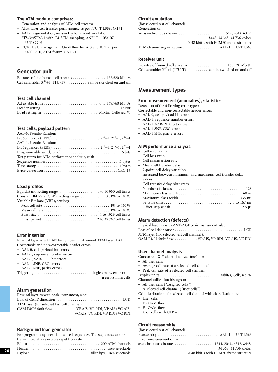 Generator unit, Measurement types | Atec Acterna-JDSU-ANT-20SE User Manual | Page 20 / 30