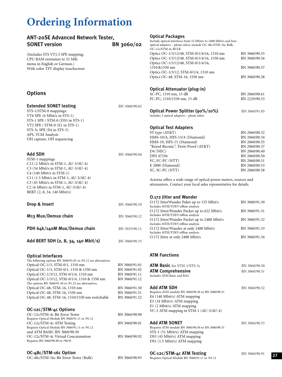 Ordering information, Options | Atec Acterna-JDSU-ANT-20SE User Manual | Page 27 / 30