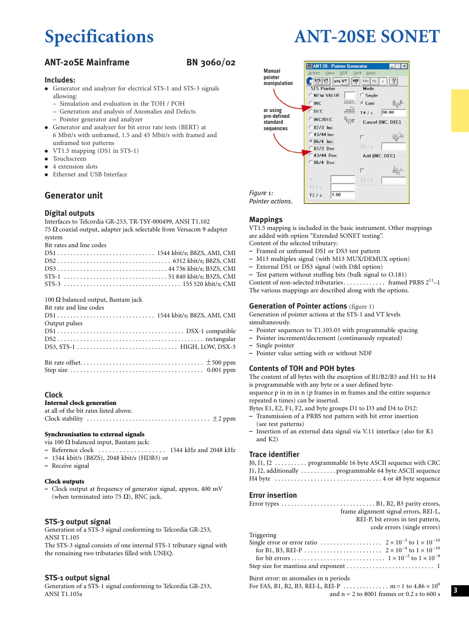 Specifications ant-20se sonet, Generator unit | Atec Acterna-JDSU-ANT-20SE User Manual | Page 3 / 30