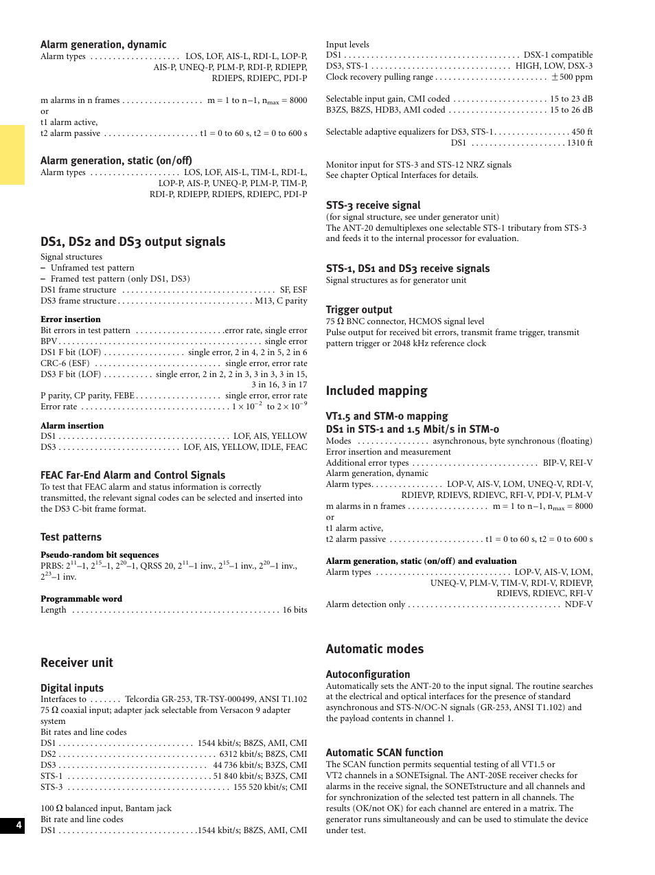 Ds1, ds2 and ds3 output signals, Receiver unit, Included mapping | Automatic modes | Atec Acterna-JDSU-ANT-20SE User Manual | Page 4 / 30