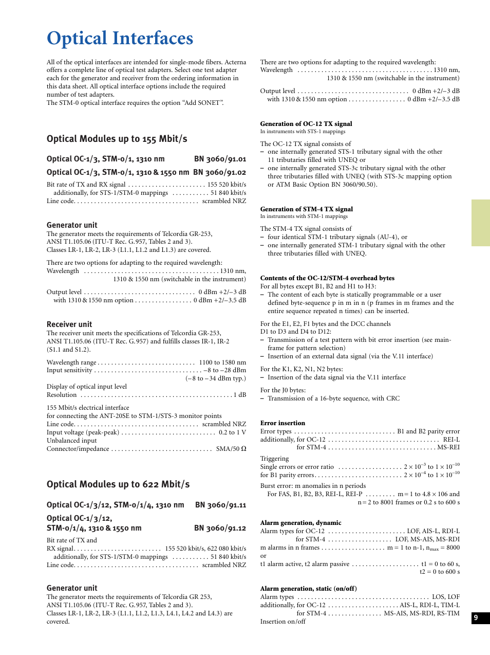 Optical interfaces, Optical modules up to 155 mbit/s, Optical modules up to 622 mbit/s | Atec Acterna-JDSU-ANT-20SE User Manual | Page 9 / 30