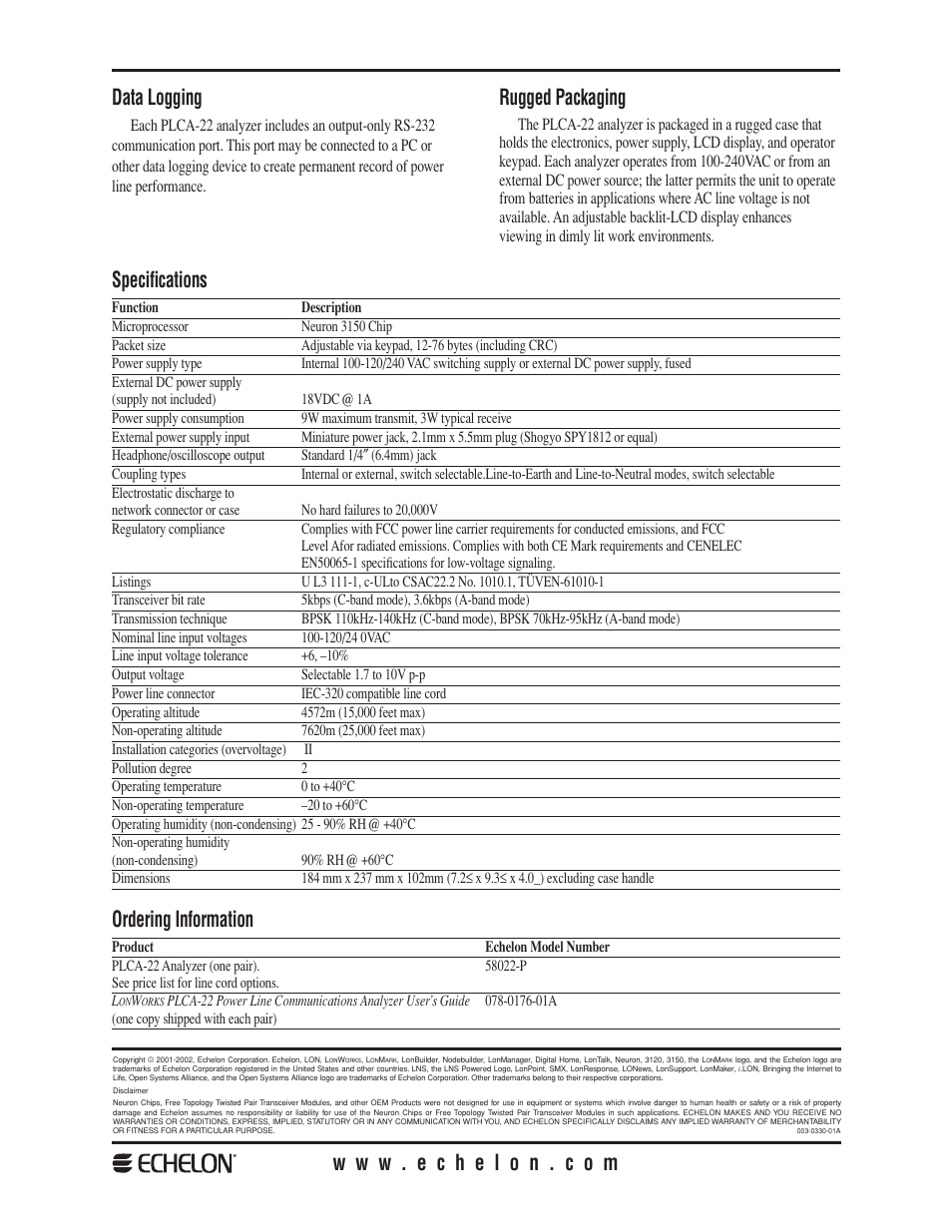 Data logging, Rugged packaging, Specifications | Ordering information | Atec Echelon-PLCA-22 User Manual | Page 2 / 2