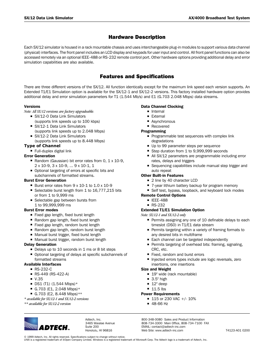 Hardware description, Features and specifications | Atec Adtech-SX-12 Series User Manual | Page 2 / 2