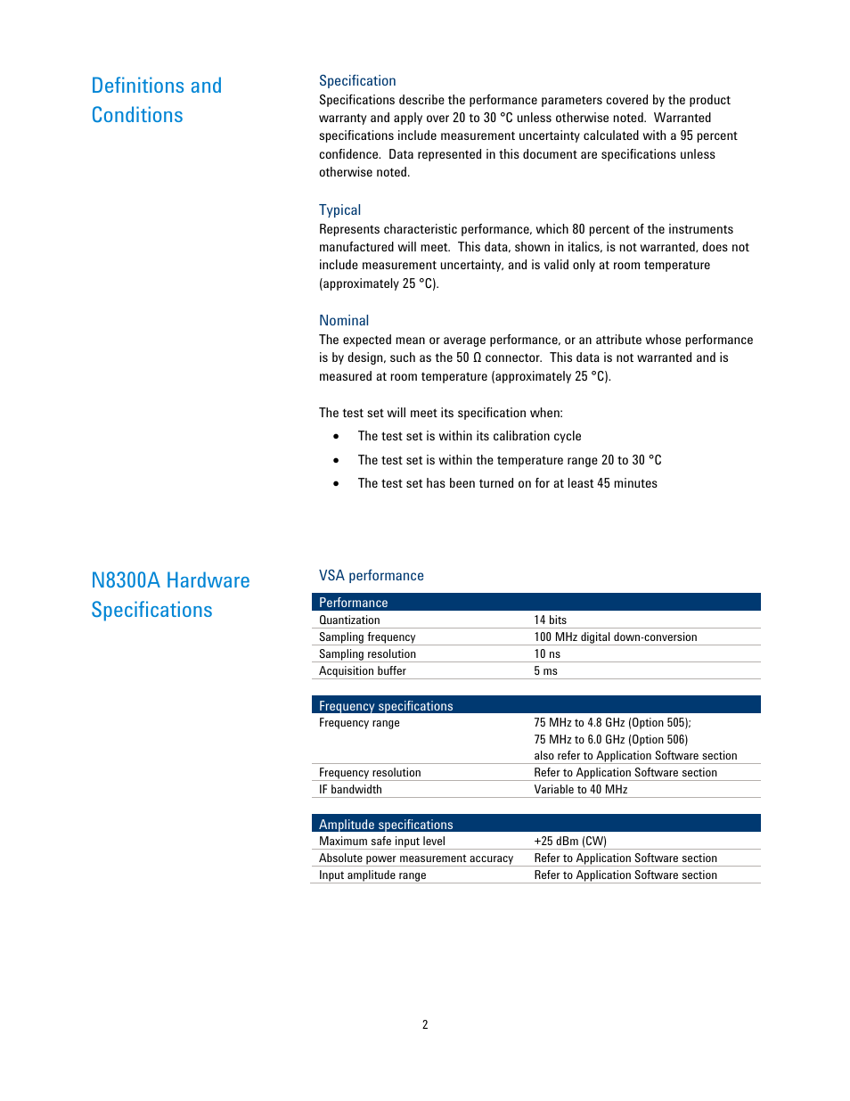Definitions and conditions, N8300a hardware specifications | Atec Agilent-N8300A User Manual | Page 2 / 14