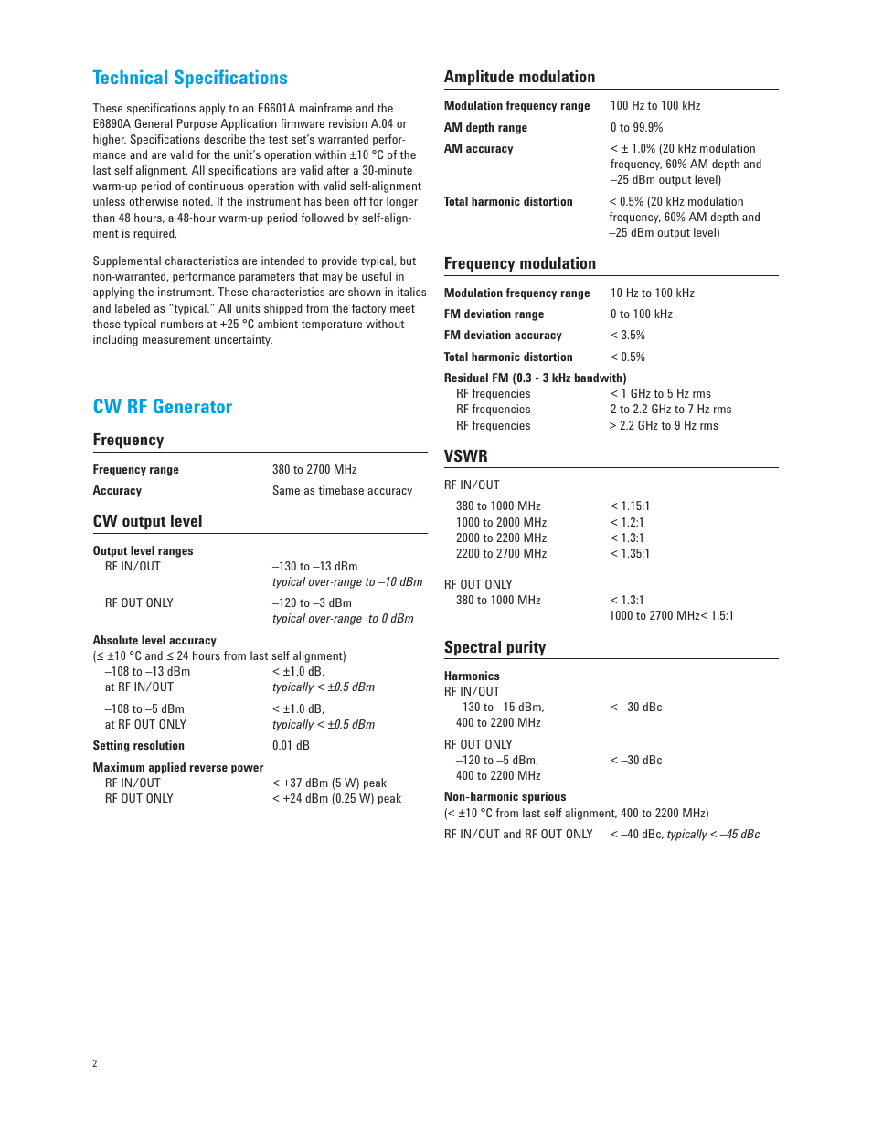 Technical speciﬁ cations, Cw rf generator, Frequency | Cw output level, Amplitude modulation, Frequency modulation, Vswr, Spectral purity | Atec Agilent-E6601A User Manual | Page 2 / 6