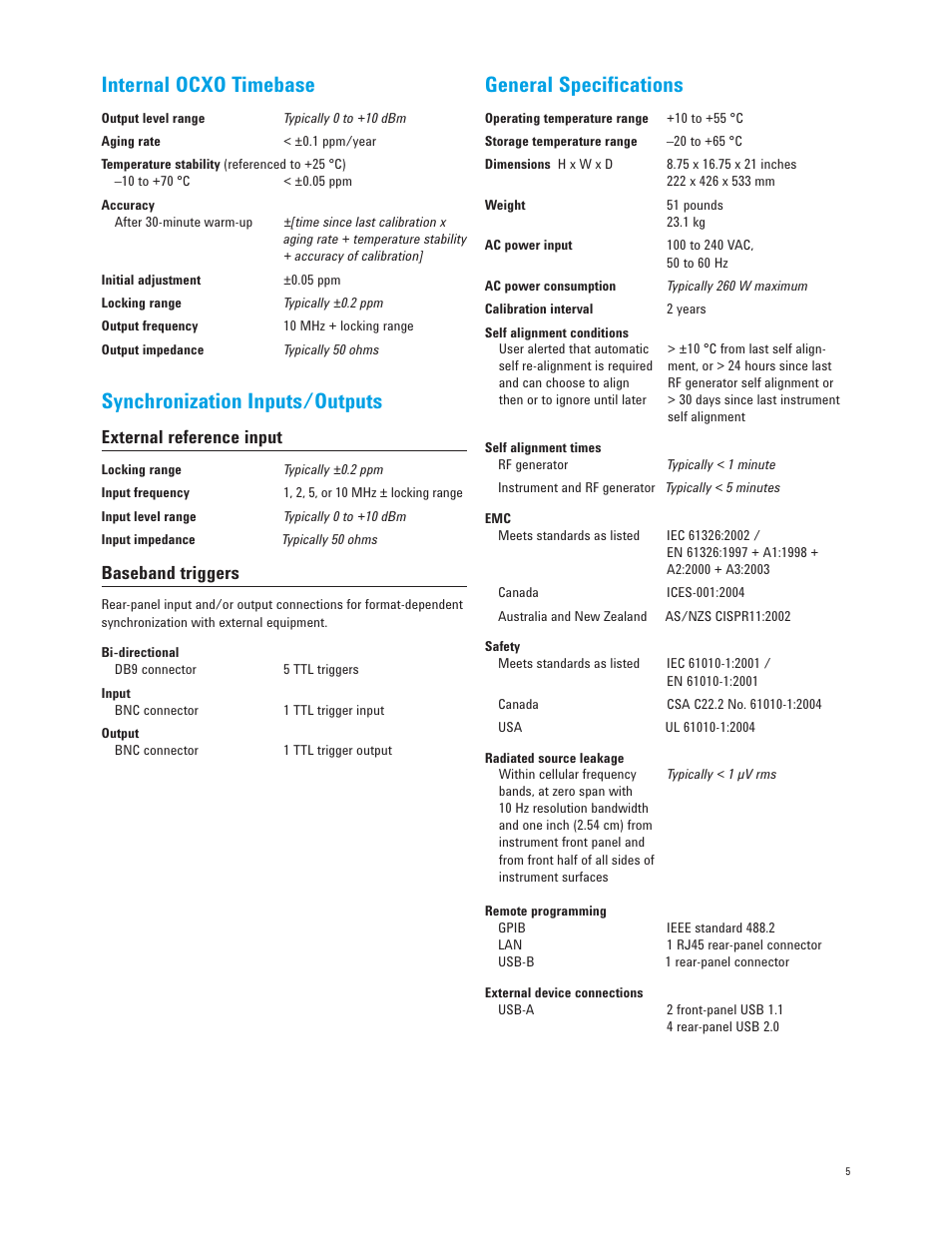 Internal ocxo timebase, Synchronization inputs/outputs, General speciﬁ cations | External reference input, Baseband triggers | Atec Agilent-E6601A User Manual | Page 5 / 6