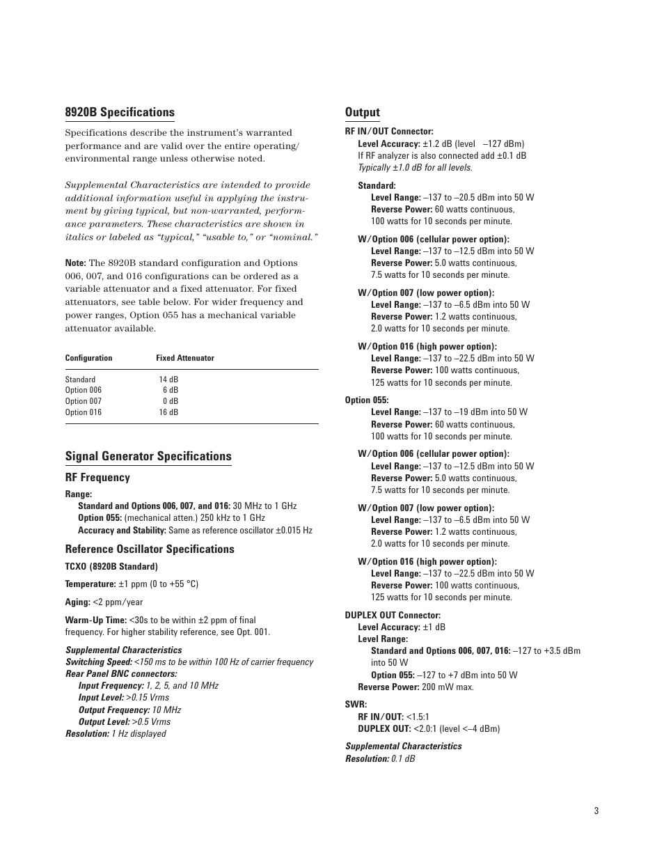 8920b specifications, Signal generator specifications, Output | Atec Agilent-8920B User Manual | Page 3 / 14