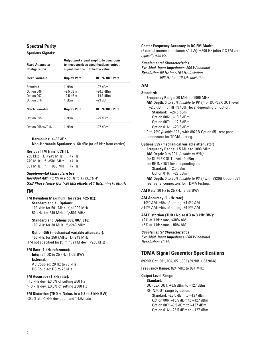 Tdma signal generator specifications, Spectral purity | Atec Agilent-8920B User Manual | Page 4 / 14