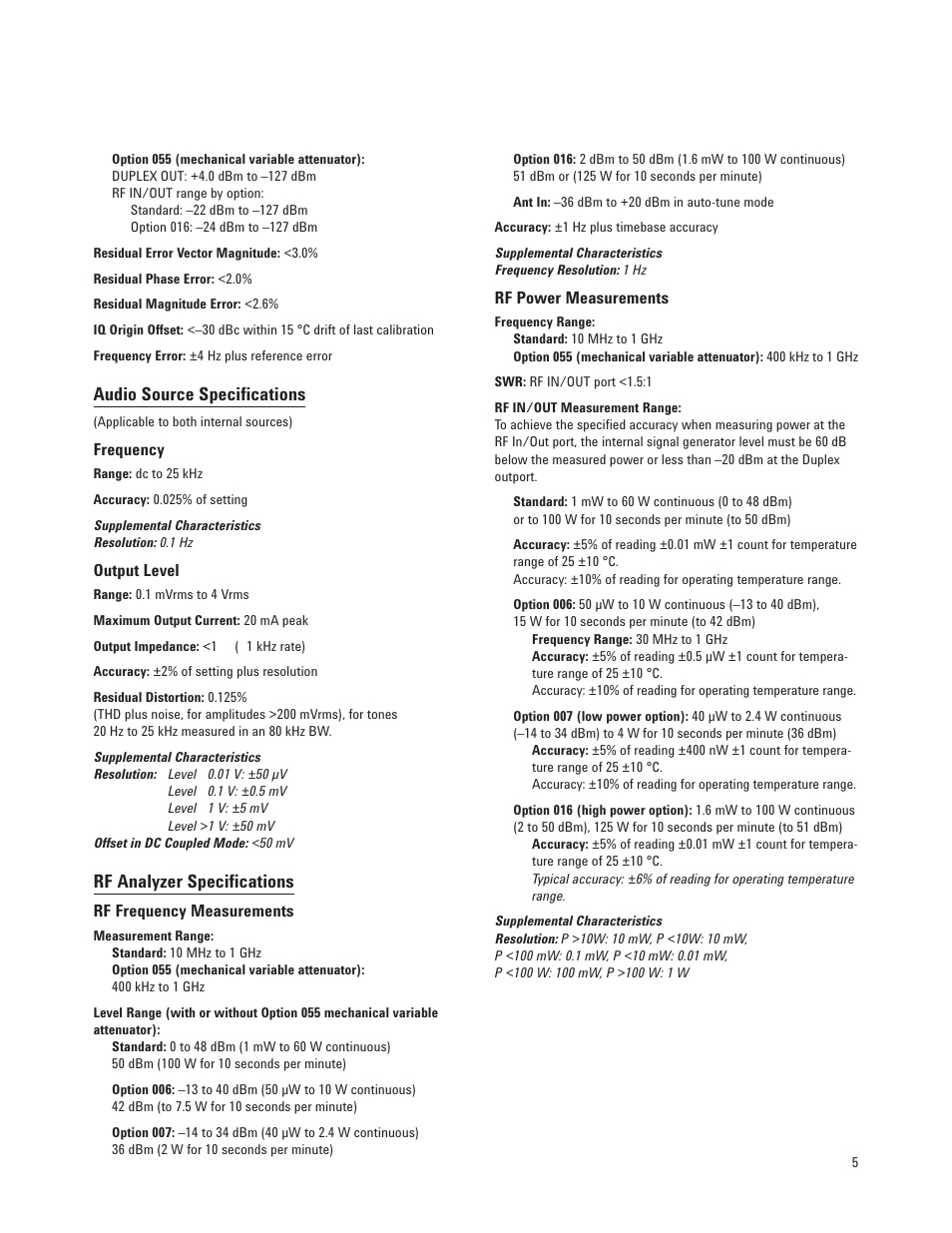 Audio source specifications, Rf analyzer specifications | Atec Agilent-8920B User Manual | Page 5 / 14