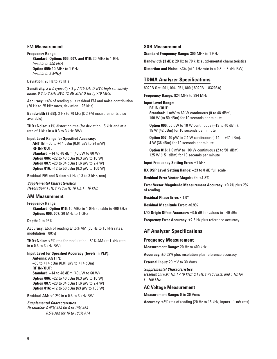 Tdma analyzer specifications, Af analyzer specifications | Atec Agilent-8920B User Manual | Page 6 / 14