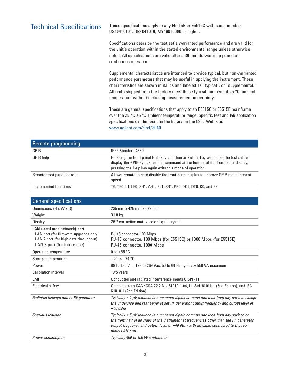 Technical specifications, Remote programming, General specifications | Atec Agilent-8960 User Manual | Page 3 / 4