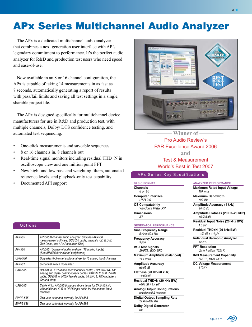 Apx series multichannel audio analyzer, Winner of, Pro audio review’s par excellence award 2006 | Test & measurement world’s best in test 2007 | Atec Audio-Precision-ats1dd User Manual | Page 3 / 8