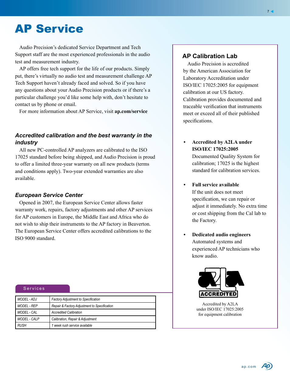 Ap service, Ap calibration lab | Atec Audio-Precision-ats1dd User Manual | Page 7 / 8