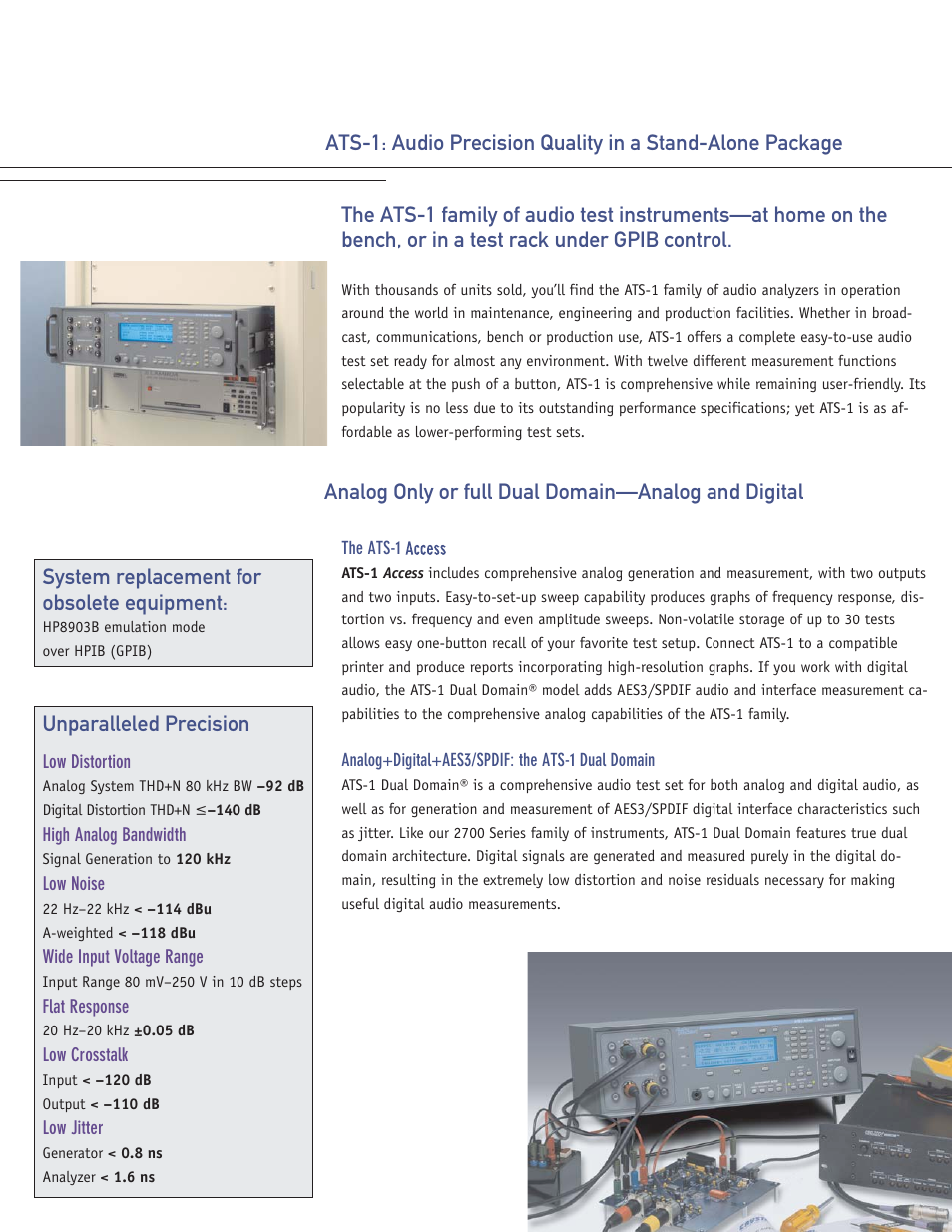 Unparalleled precision, System replacement for obsolete equipment, Analog only or full dual domain—analog and digital | Atec Audio-Precision-ATS-1A_ATS-1DD User Manual | Page 2 / 8