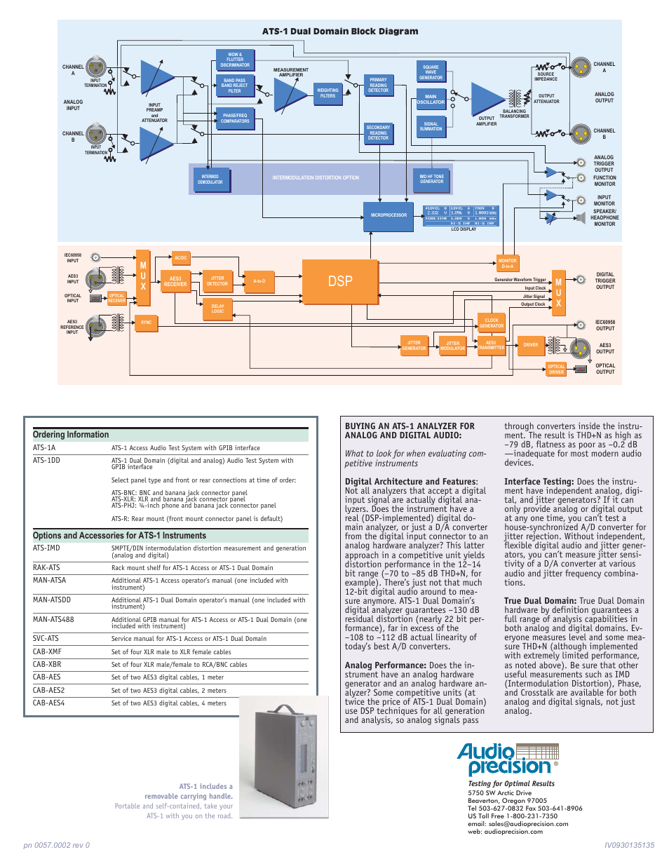 Ordering information, Options and accessories for ats-1 instruments, Ats-1 dual domain block diagram | Atec Audio-Precision-ATS-1A_ATS-1DD User Manual | Page 8 / 8