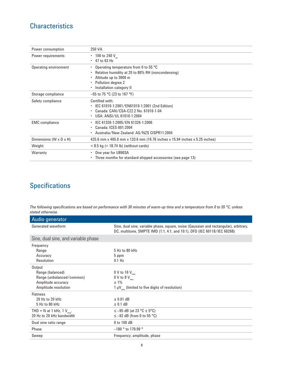 Characteristics, Specifications, Audio generator | Sine, dual sine, and variable phase | Atec Agilent-U8903A User Manual | Page 8 / 16