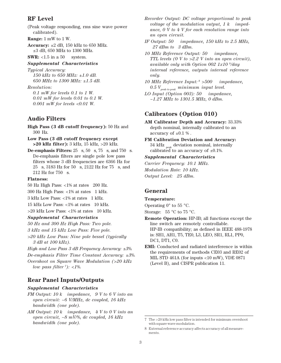 Rf level, Audio filters, Rear panel inputs/outputs | Calibrators (option 010), General | Atec Agilent-8901A User Manual | Page 3 / 4