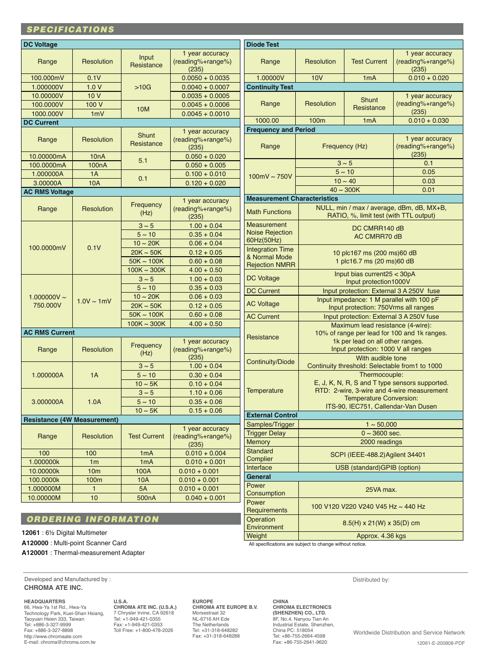 Specifications, Ordering information | Atec Chroma-12061 User Manual | Page 4 / 4