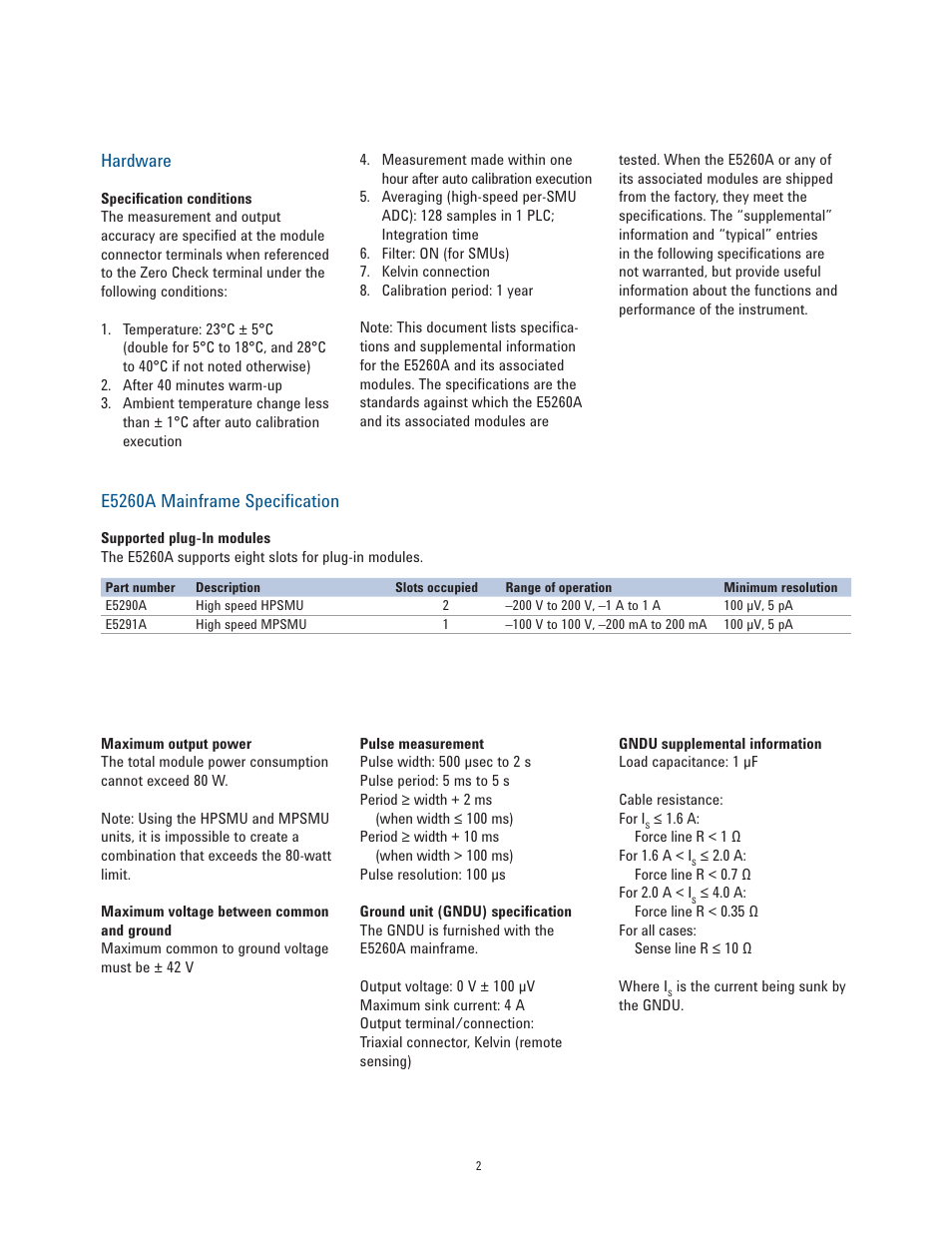 Hardware, E5260a mainframe specification | Atec Agilent-E5260A User Manual | Page 2 / 8