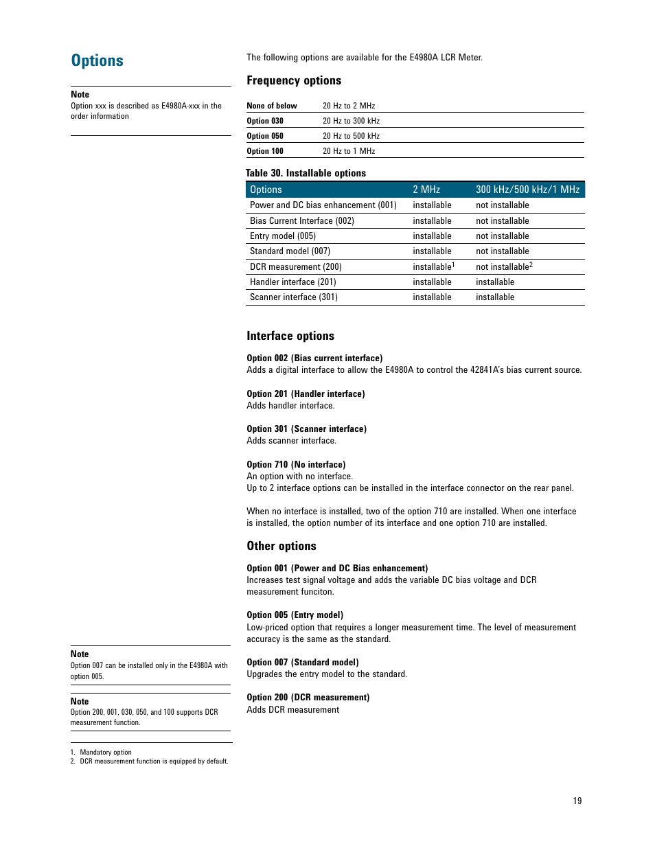 Options, Frequency options, Interface options | Other options | Atec Agilent-E4980A-AL User Manual | Page 19 / 37