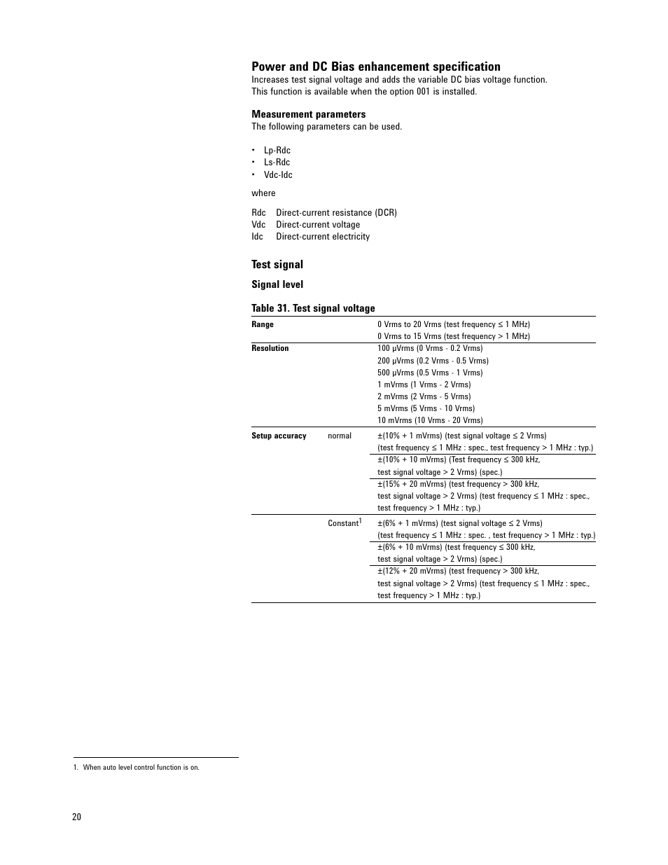 Power and dc bias enhancement specification, Test signal | Atec Agilent-E4980A-AL User Manual | Page 20 / 37