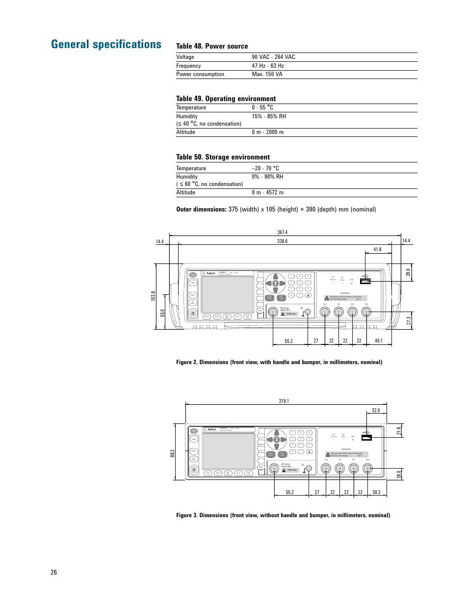 General specifications, Table 48. power source, Table 49. operating environment | Table 50. storage environment, Temperature 0 - 55 | Atec Agilent-E4980A-AL User Manual | Page 26 / 37