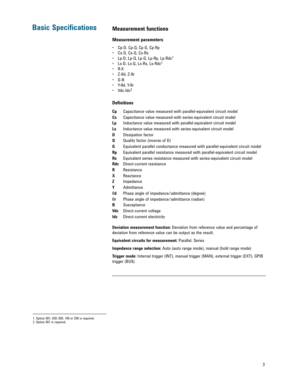 Basic specifications, Measurement functions | Atec Agilent-E4980A-AL User Manual | Page 3 / 37