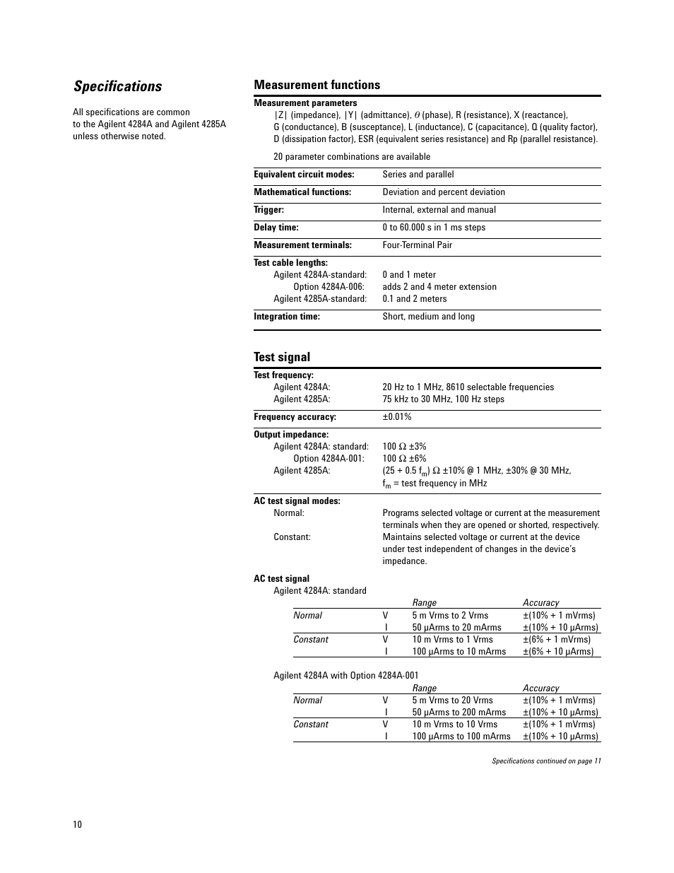 Specifications, Measurement functions, Test signal | Atec Agilent-4284A_4285A User Manual | Page 10 / 28