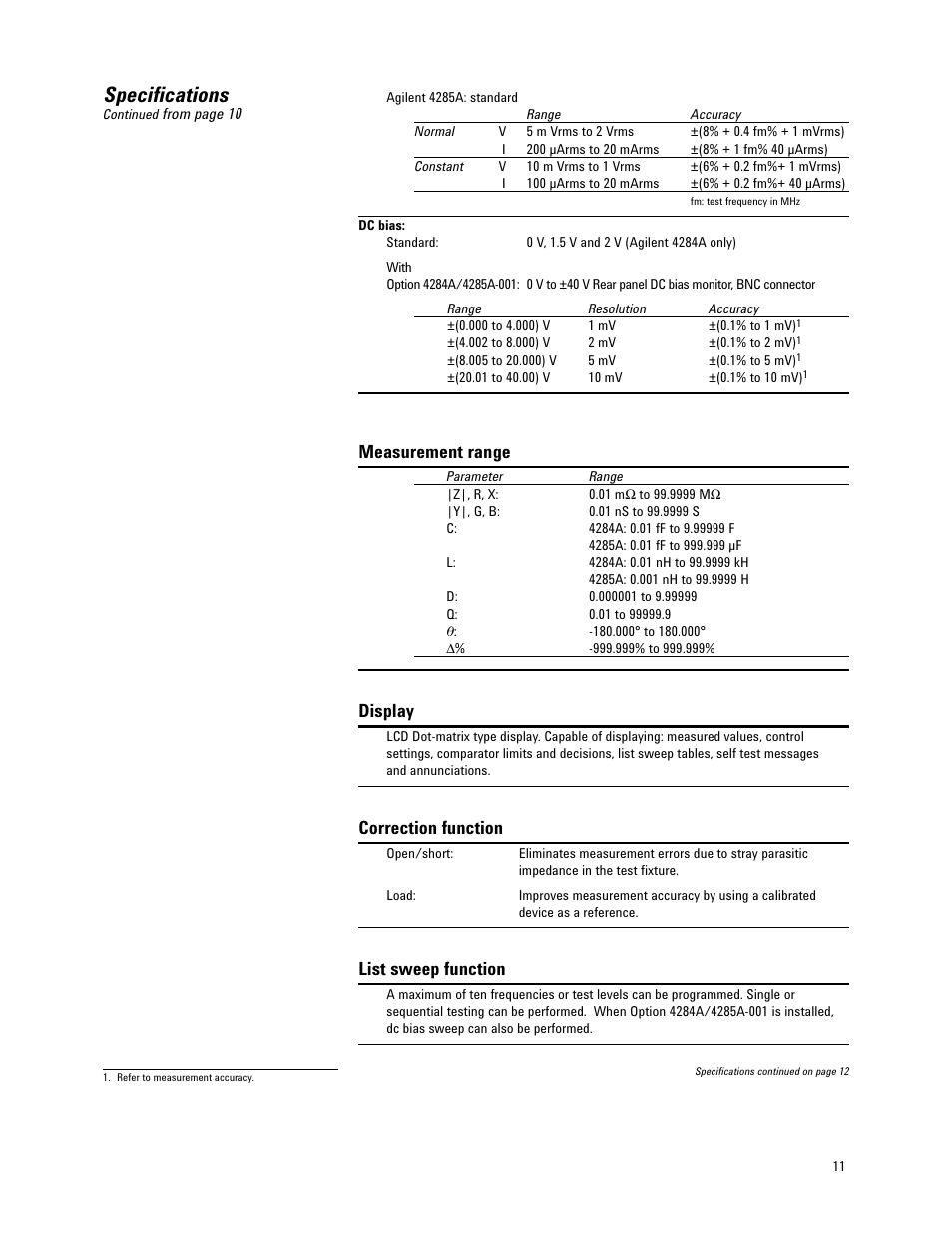 Specifications, Measurement range, Display | Correction function, List sweep function | Atec Agilent-4284A_4285A User Manual | Page 11 / 28