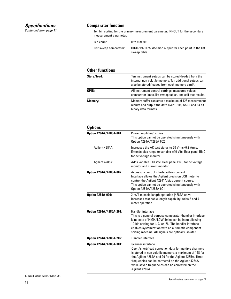 Specifications, Comparator function, Other functions | Options | Atec Agilent-4284A_4285A User Manual | Page 12 / 28