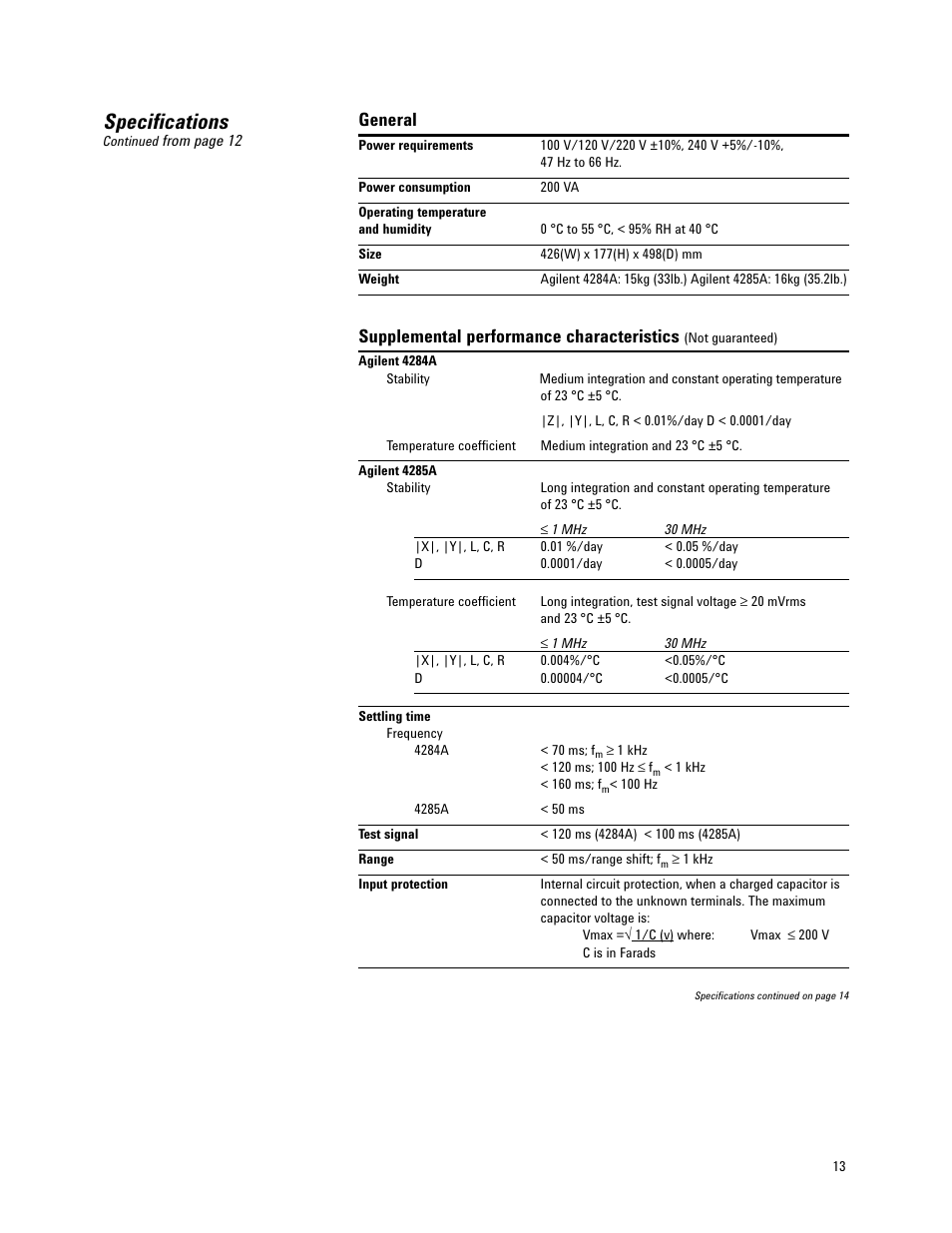 Specifications, General, Supplemental performance characteristics | Atec Agilent-4284A_4285A User Manual | Page 13 / 28