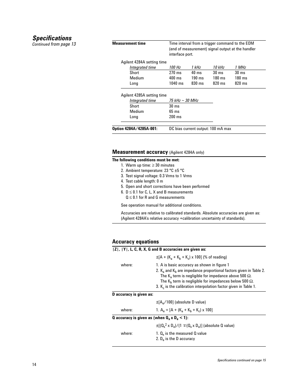 Specifications, Measurement accuracy, Accuracy equations | Atec Agilent-4284A_4285A User Manual | Page 14 / 28