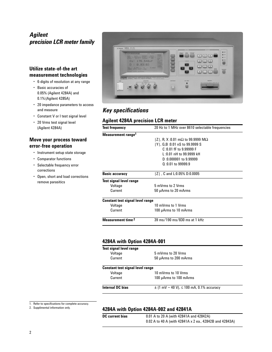 Agilent precision lcr meter family, Key specifications, Utilize state-of-the art measurement technologies | Move your process toward error-free operation, Agilent 4284a precision lcr meter | Atec Agilent-4284A_4285A User Manual | Page 2 / 28