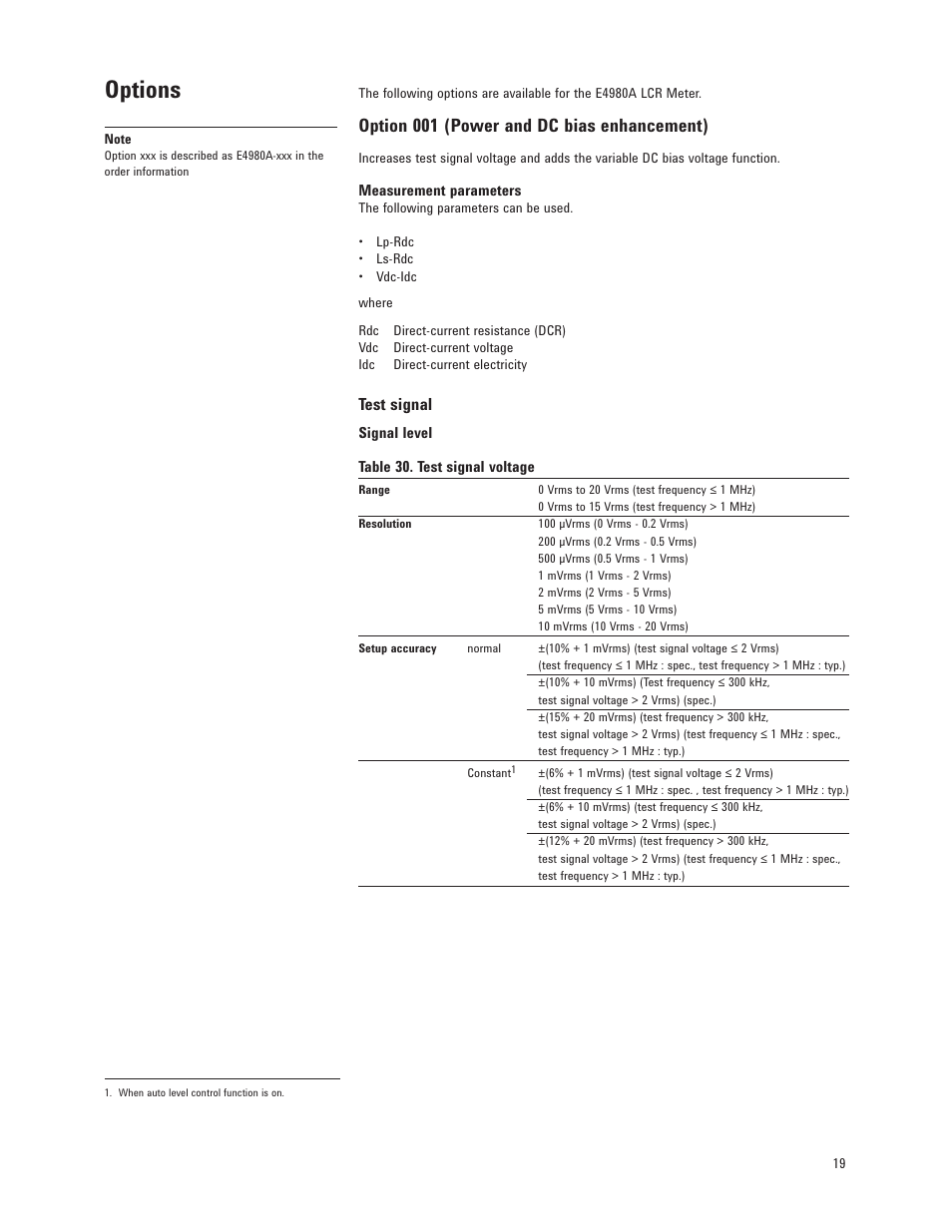 Options, Option 001 (power and dc bias enhancement), Test signal | Atec Agilent-E4980A User Manual | Page 19 / 36