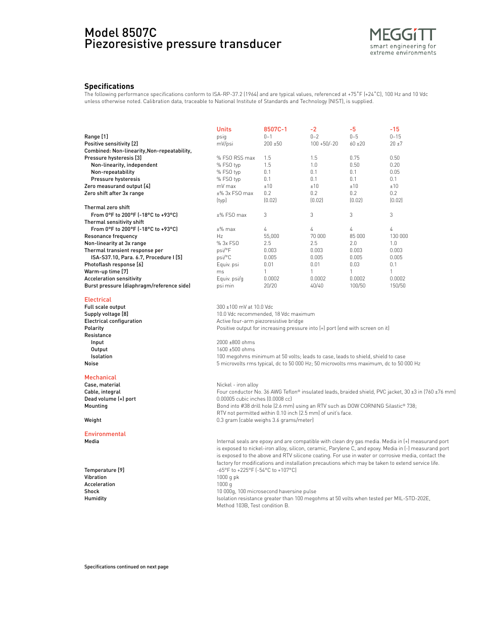 Model 8507c piezoresistive pressure transducer, Specifications | Atec Endevco-8507C Series User Manual | Page 2 / 3